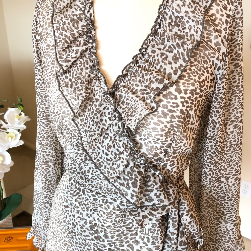RANNA GILL leopard print faux wrap ruffled chiffon dress - Picture 3 of 6